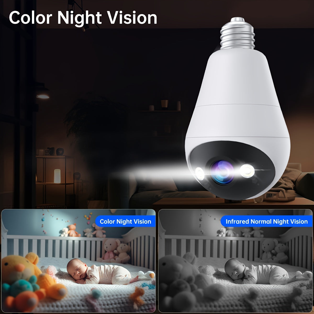 3MP Wireless Security Camera with Full Color Night Vision Two-Way Audio Motion Detection Light Bulb Design
