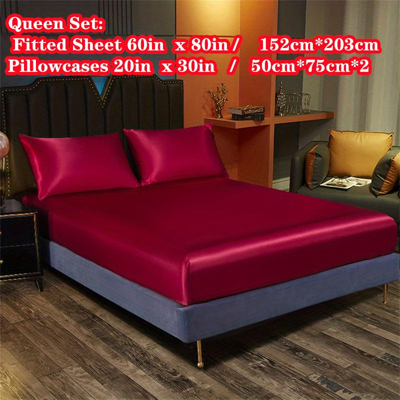Satin Bedding Set 3 Pieces Fitted Sheet and Pillowcases Solid Color