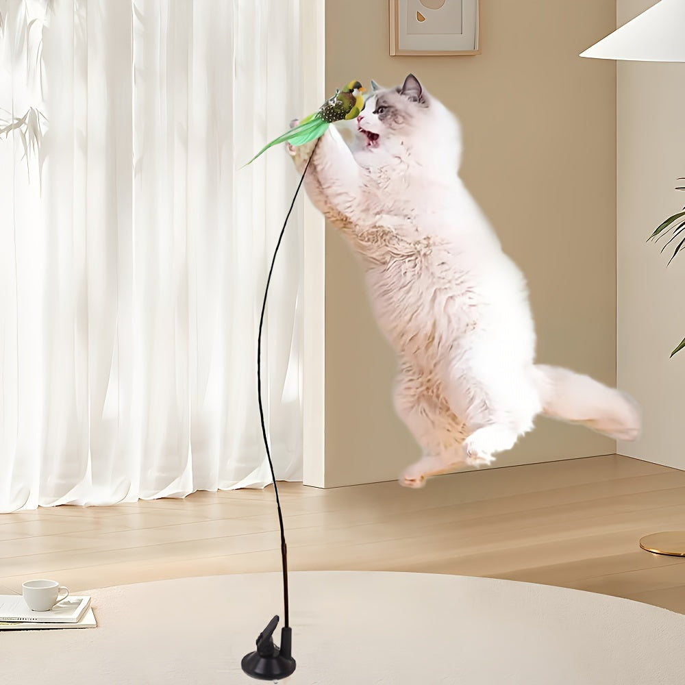 Interactive Cat Teaser Wand with Suction Cup Bell and Detachable Bird Toy