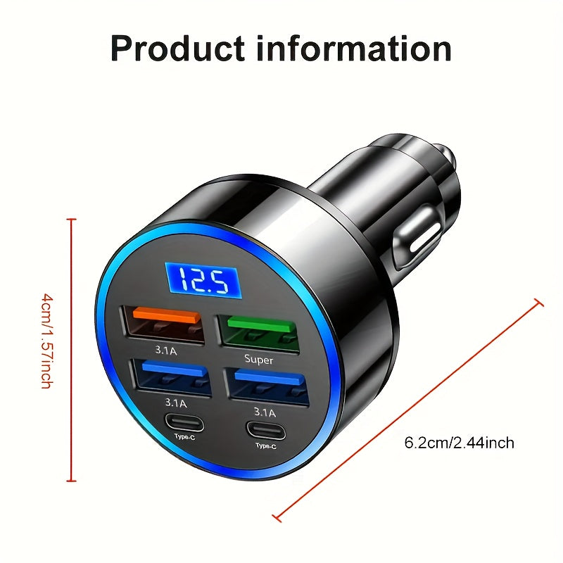 6-в-1 автомобильное зарядное устройство с цифровым дисплеем, многофункциональное, быстрая зарядка