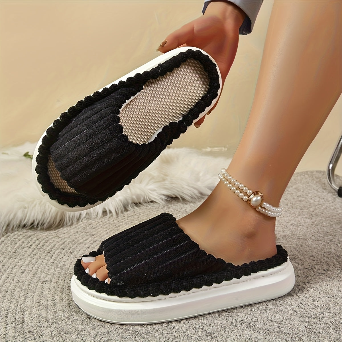Женские плюшевые тапочки однотонные с толстой подошвой, универсальная домашняя обувь для всех сезонов