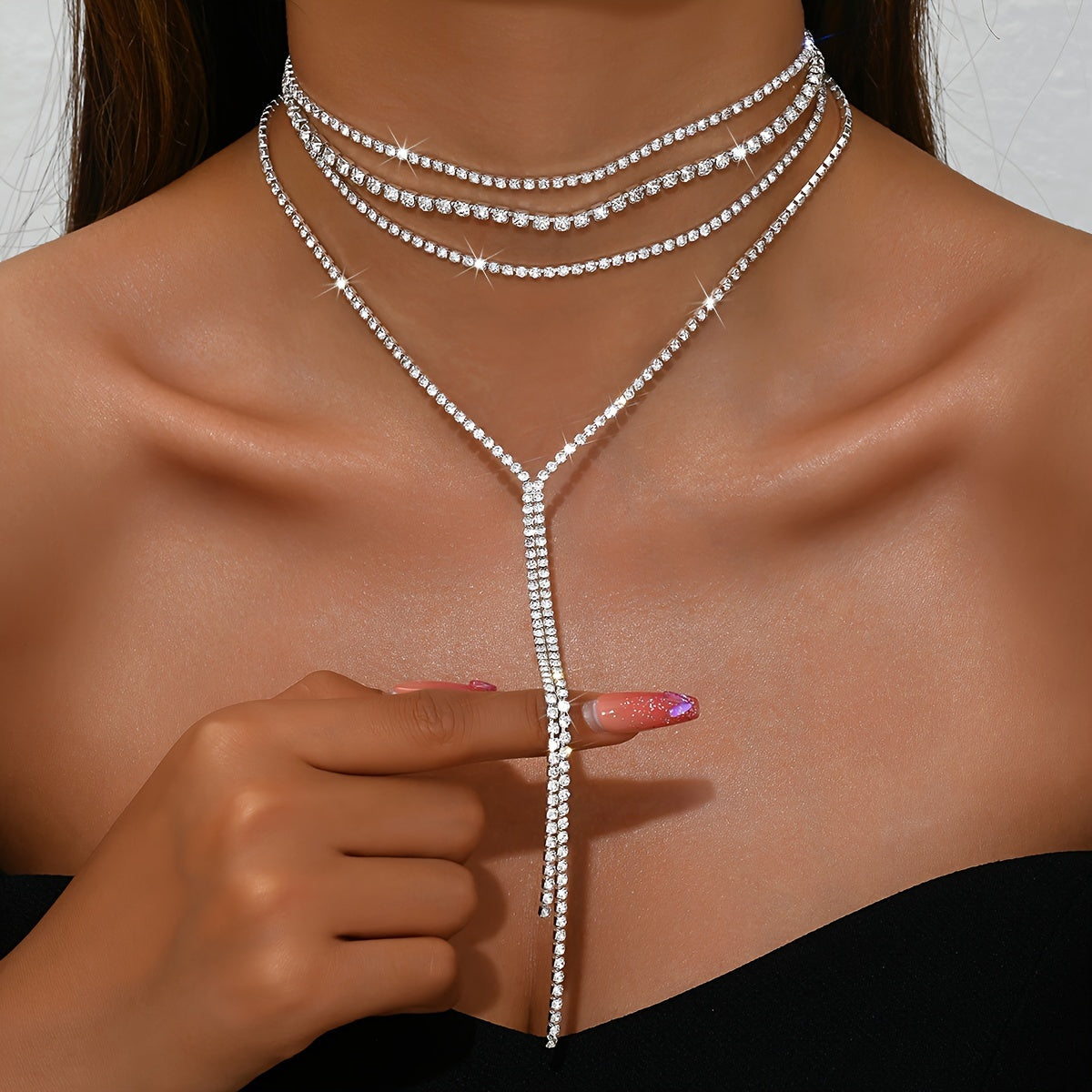 Collar de borlas con pedrería en blanco y negro para bodas de novia, joyería de múltiples capas