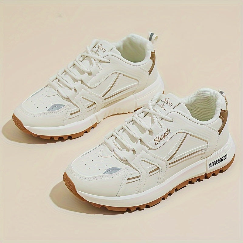 Women's Casual Running Sneakers White Brown Faux Leather Low-Top Lace-Up PU Sole