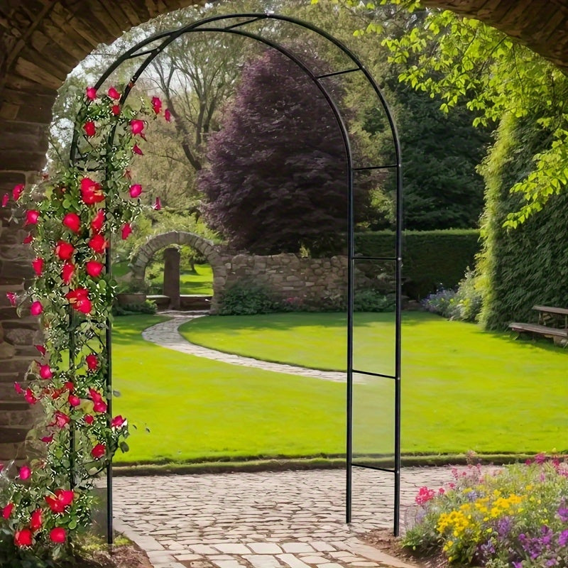 Black Metal Garden Arch with Industrial Hardware and Hooks for Climbing Plants and Outdoor Decoration