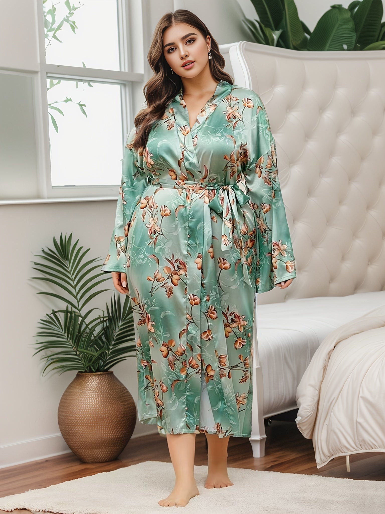 Plus Size Satin Floral Lounge Robe Long Sleeve Open Front Nightgown