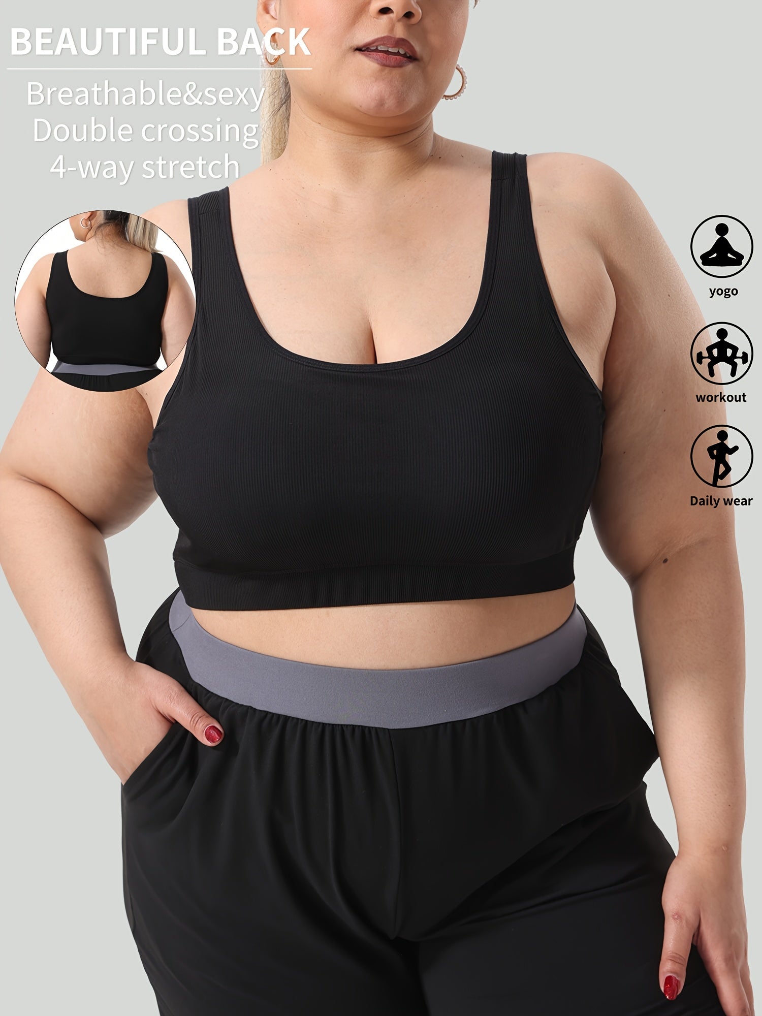 Women's Plus Size Black Knit Tank Top with Built-In Bra Breathable Summer Fitness