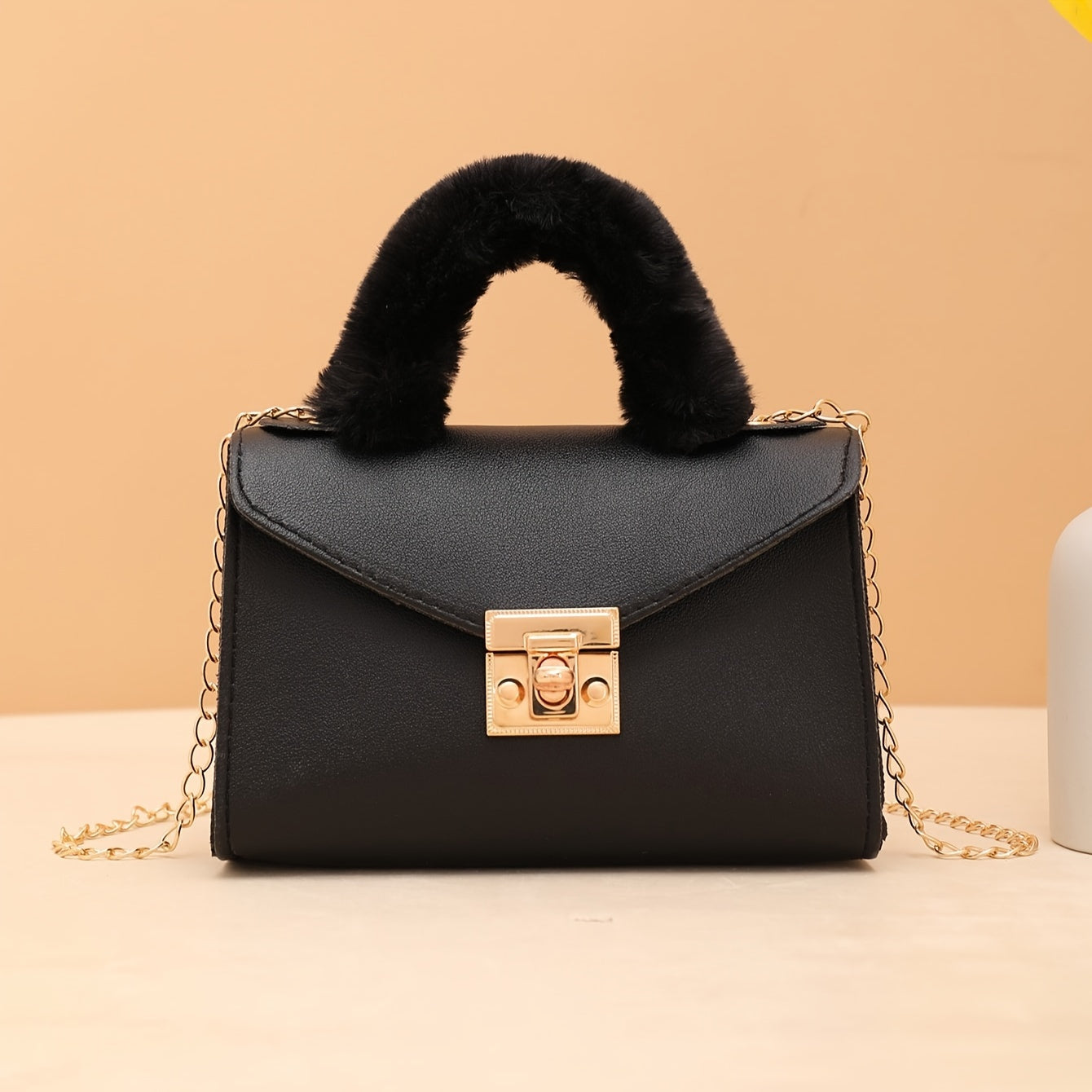 Crossbody Bag with Plush Handle Removable Strap for Daily Use Black White