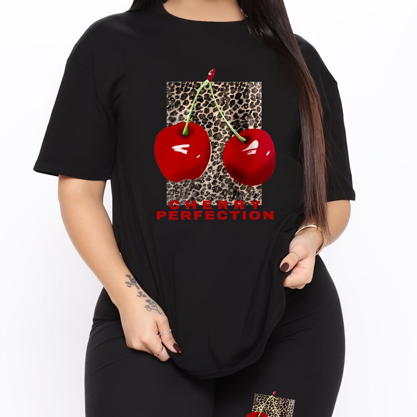 Plus Size Women Cherry Print Casual Outfit Shorts Set Summer Spring Fabric