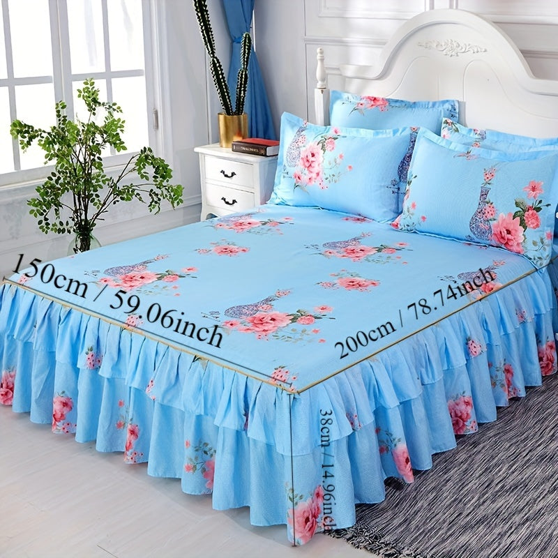 Set of 3 Tropical Floral Bedding Set with Lace Bed Skirt and Pillowcases Ruffled Edges Purple