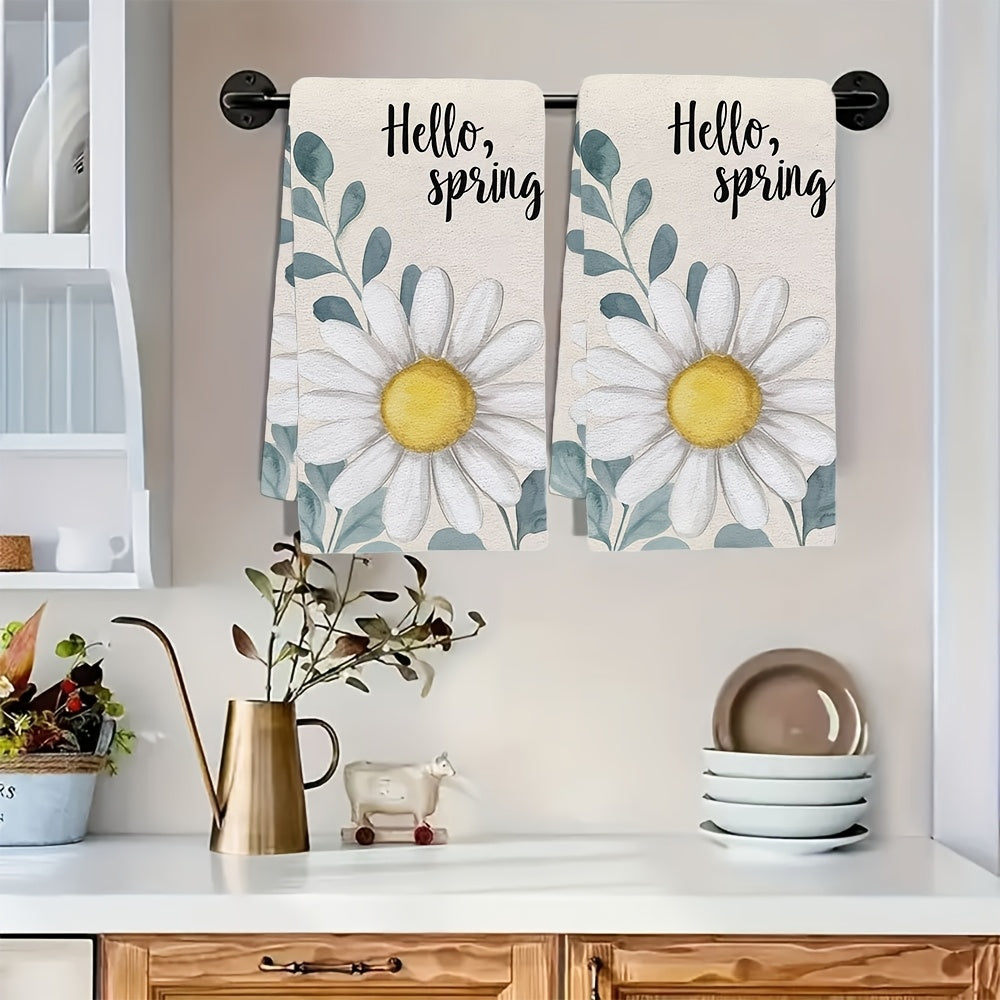 Set of 2 White Daisy Eucalyptus Kitchen Towels 16x24 Inch Absorbent Dish Towels