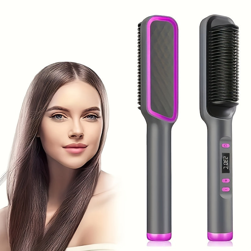 2-in-1 Ionic Hair Straightener Curling Wand LCD Display Ergonomic Auto Shut-Off Purple Black Dual Voltage