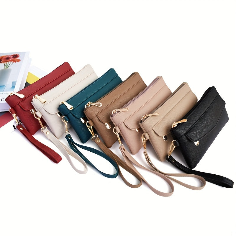 Long Wallet with Zipper Coin Purse and Wristband Leather Slim Minimalist Envelope Style