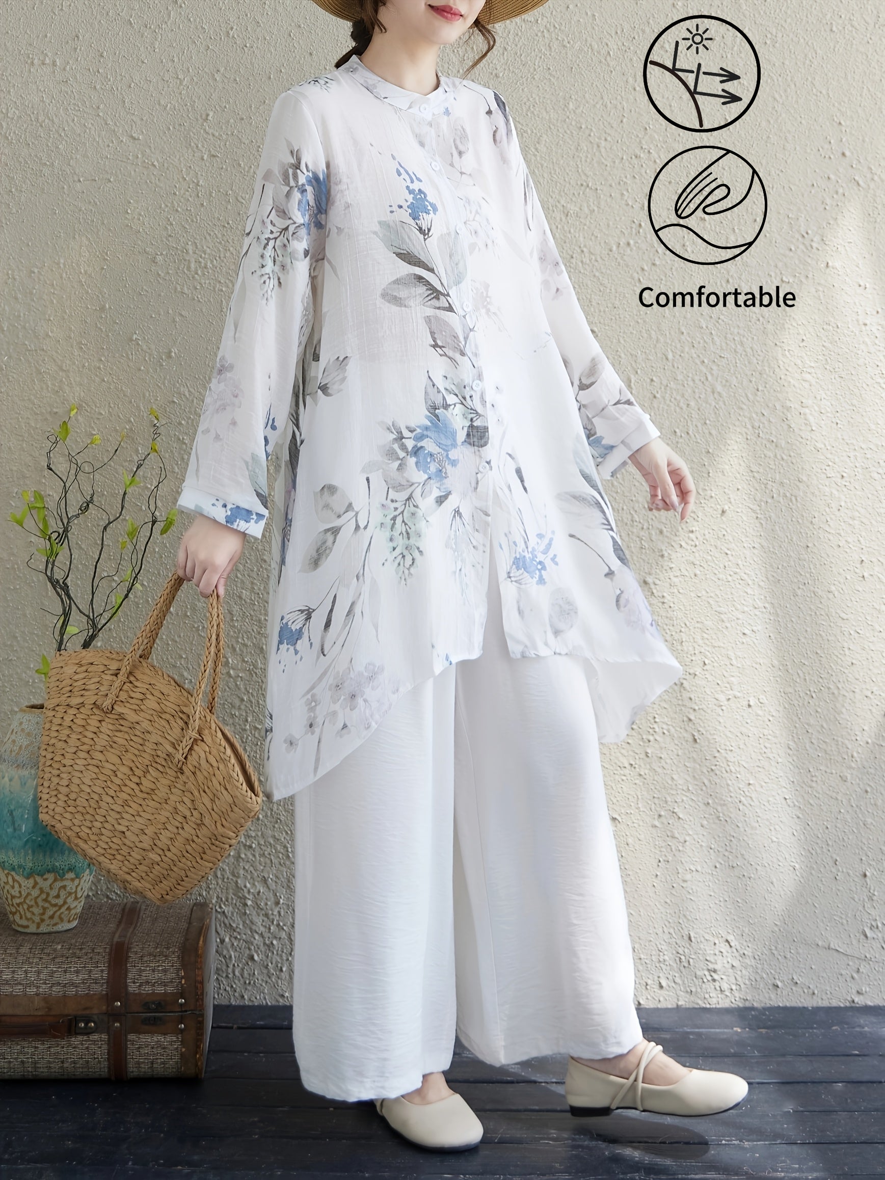 Plus Size Women's Floral Print Shirt Lightweight Sun-Protective Vacation Top