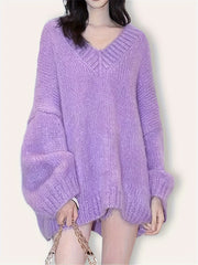 Plus-Size Women's Knit Sweater Taro Purple Loose Fit Casual Top