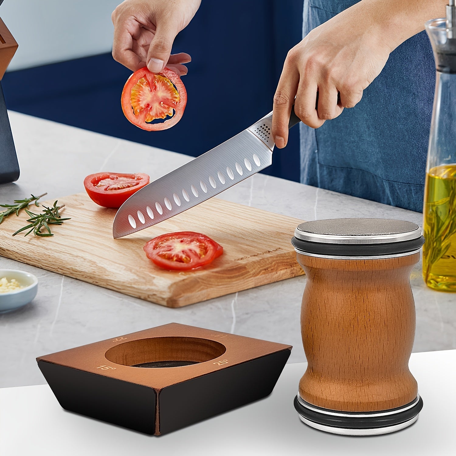 Diamond Roll 4-Sided Knife Sharpener with Wooden Handles for Precision Cutting