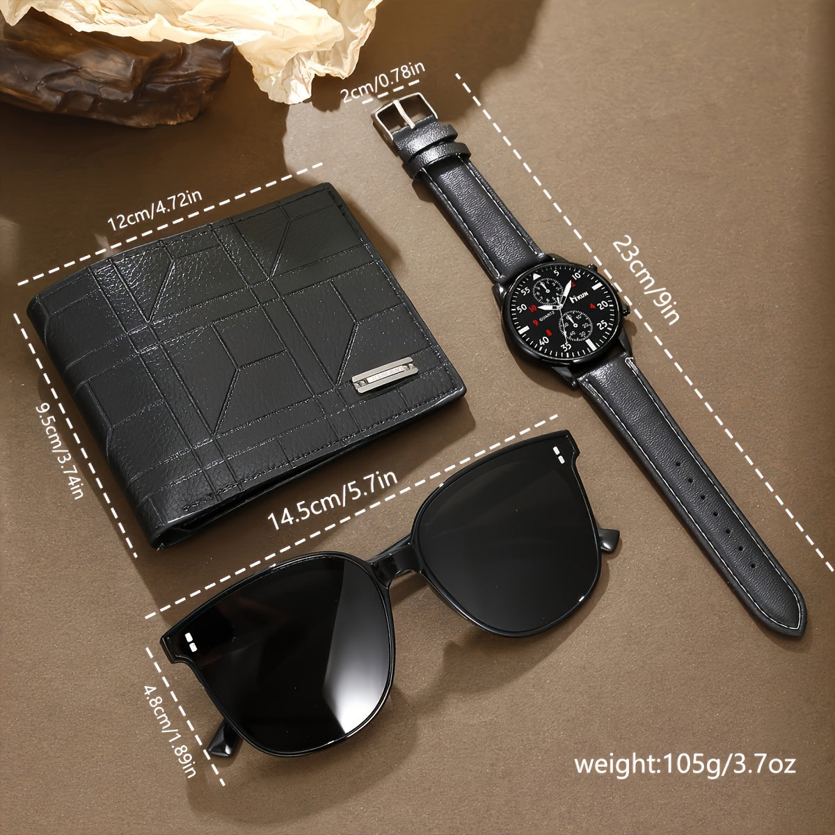 Men's Accessory Set Includes Quartz Watch Glasses Wallet Faux Leather Strap