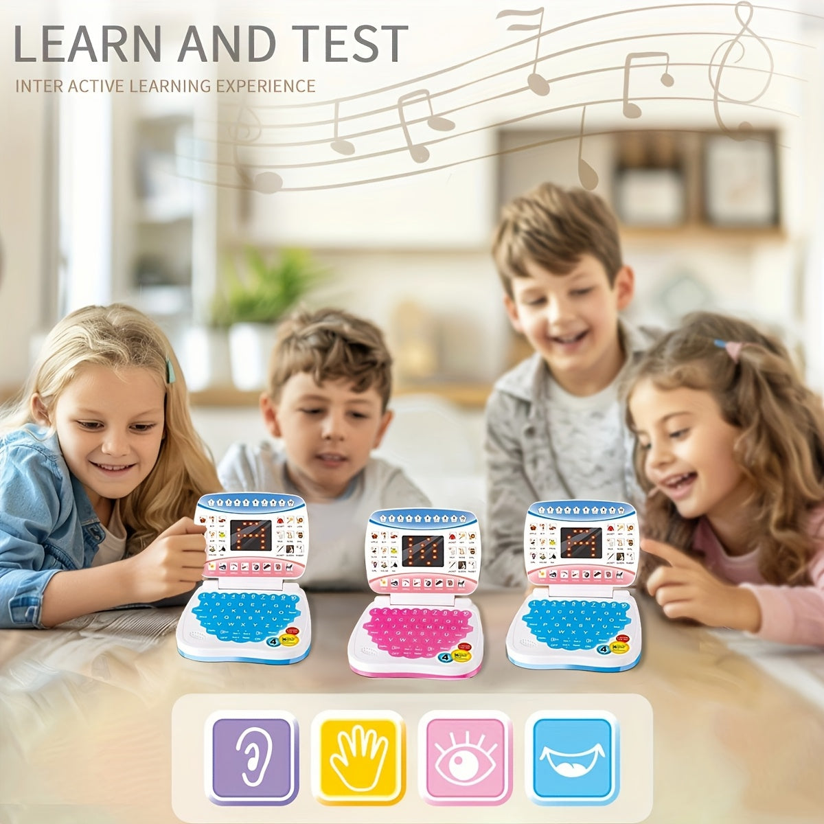 Mini Educational Laptop Toy for Kids 3+ with Letters Numbers and Music White Blue Pink