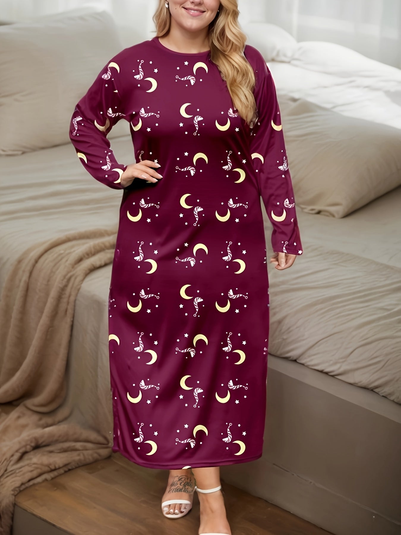 Women Long Sleeve Night Dresses Butterfly Print Casual Sleepwear Pack