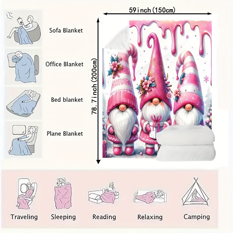 Warm Flannel Throw Blanket with Christmas Gnome and Bell Print for Couch Bed Camping