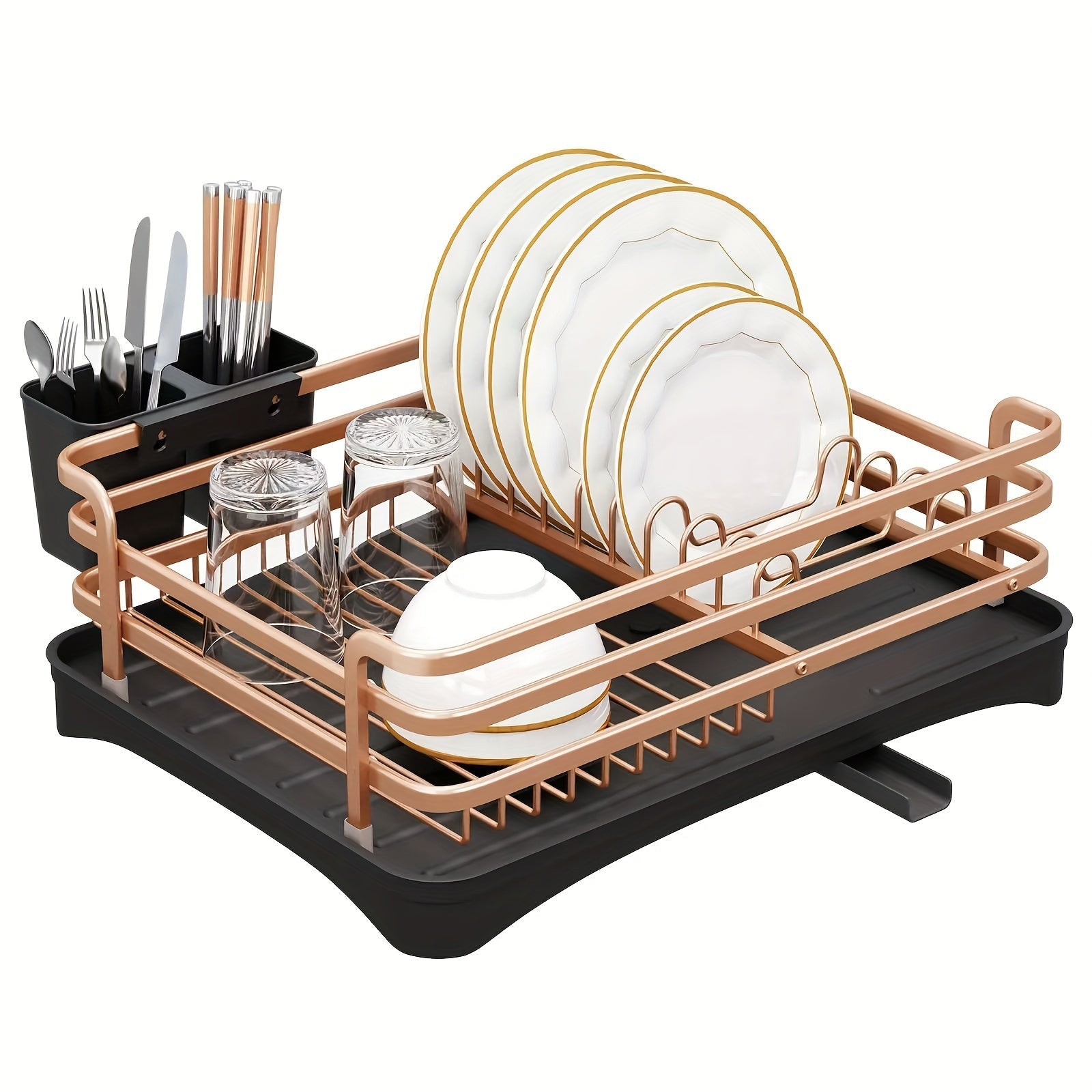 Aluminum Dish Drying Rack with Cutlery Holder Drip Tray Kitchen Organizer