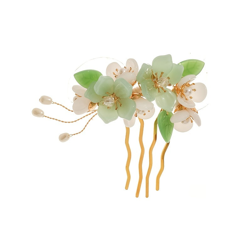 Vintage Bridal Hair Accessory with Green Glass Flower Leaves and Crystal Accents