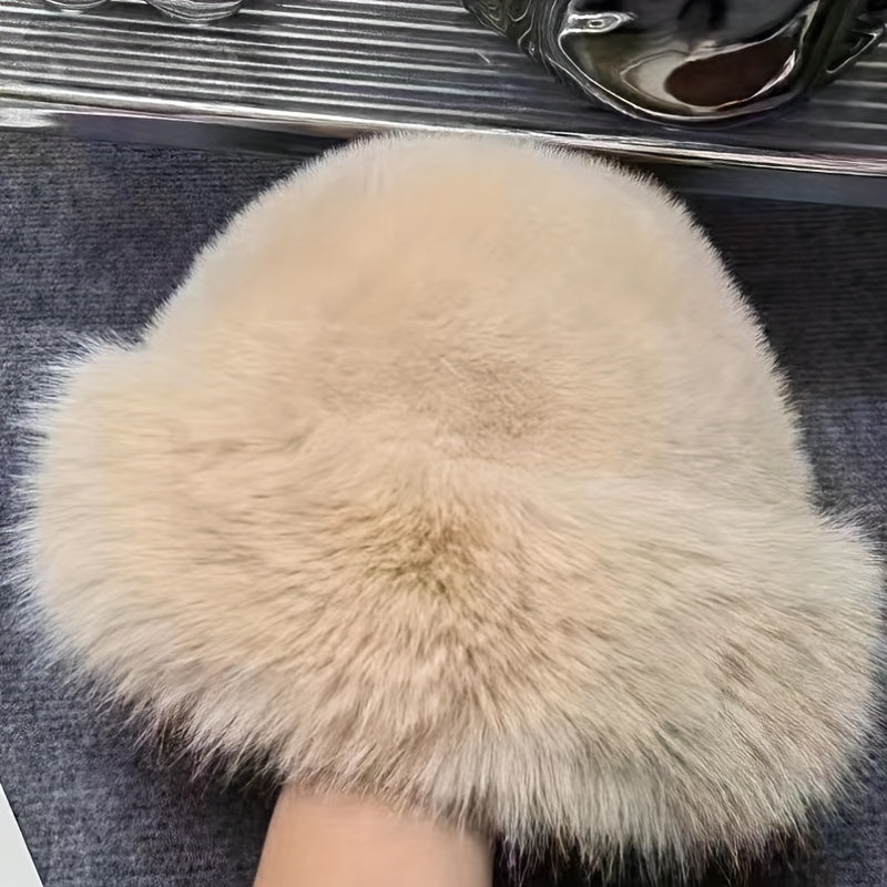 Women's Faux Fur Bucket Hat Warm Polyester Lining Winter Fashion