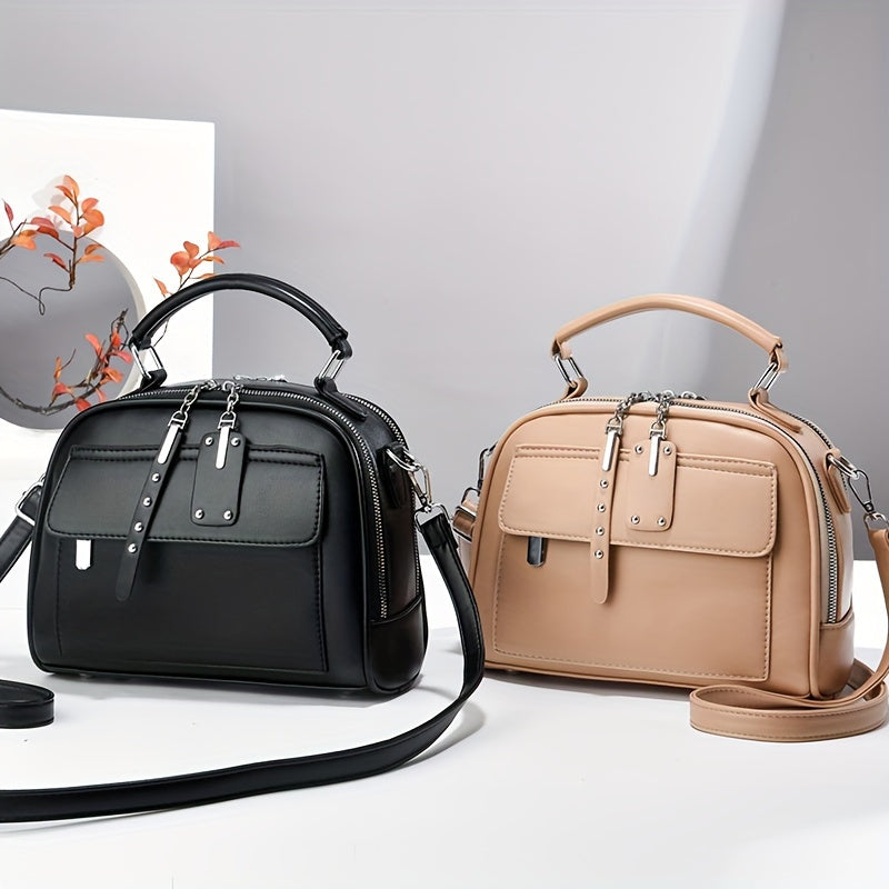 Women's Black PU Casual Shoulder Bag with Zipper Closure and Polyester Lining