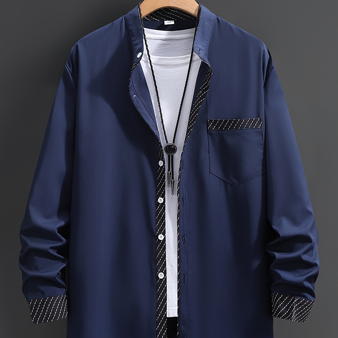 Erkaklar uchun Katta O'lchamdagi Rangli Blokli Uzoq Yengli Ko'ylak, Turg'un Yaka - 100% Polyester, Tugmachali, Ko'krak Cho'ntagi, Bahor/Kuz uchun Ideal, KATTA O'LCHAM