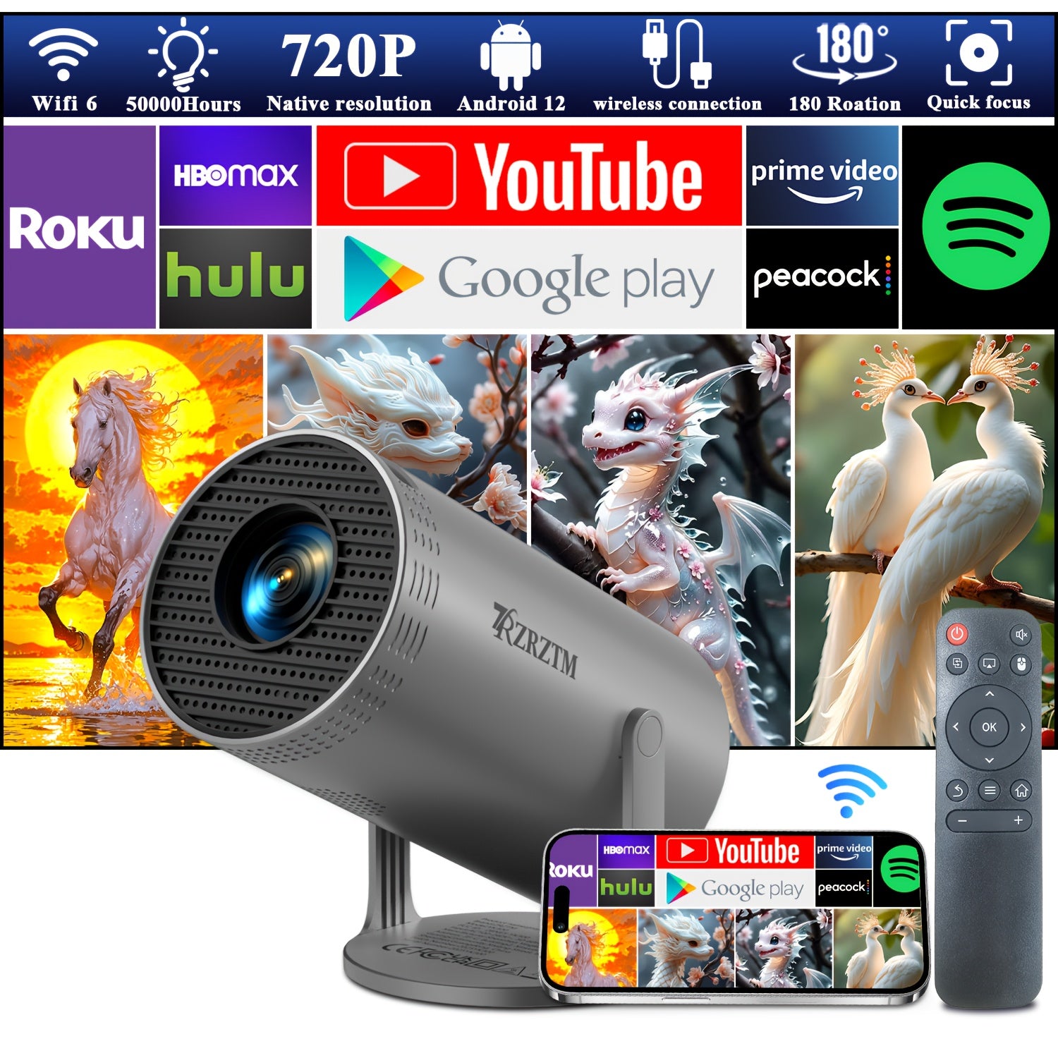 Portable HD Home Theater Projector Supports WiFi 6 Wireless 5.2