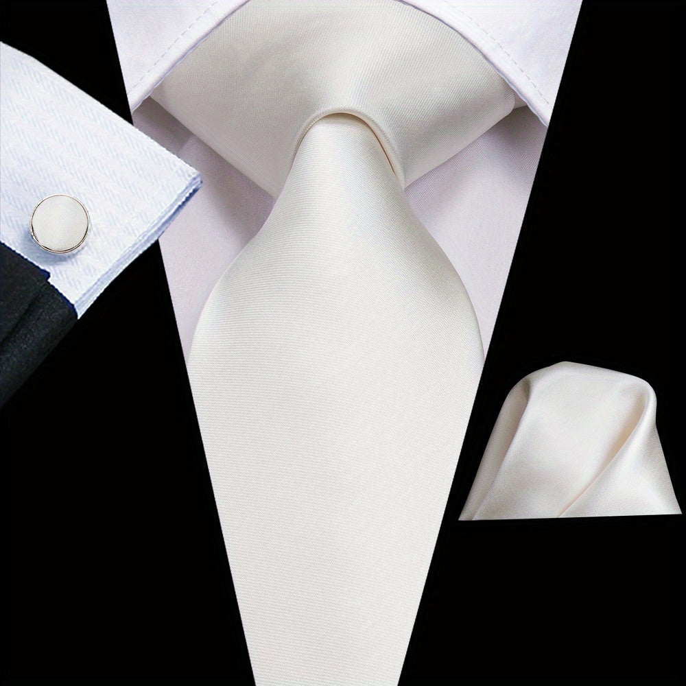 Men's Jacquard Woven Solid Necktie Set with Hanky and Cufflinks for Weddings and Business