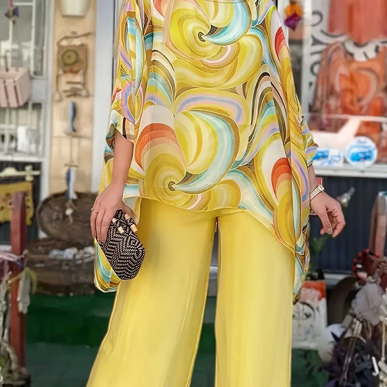 Plus Size Women's Summer T-Shirt Breathable Abstract Print Yellow Casual Top