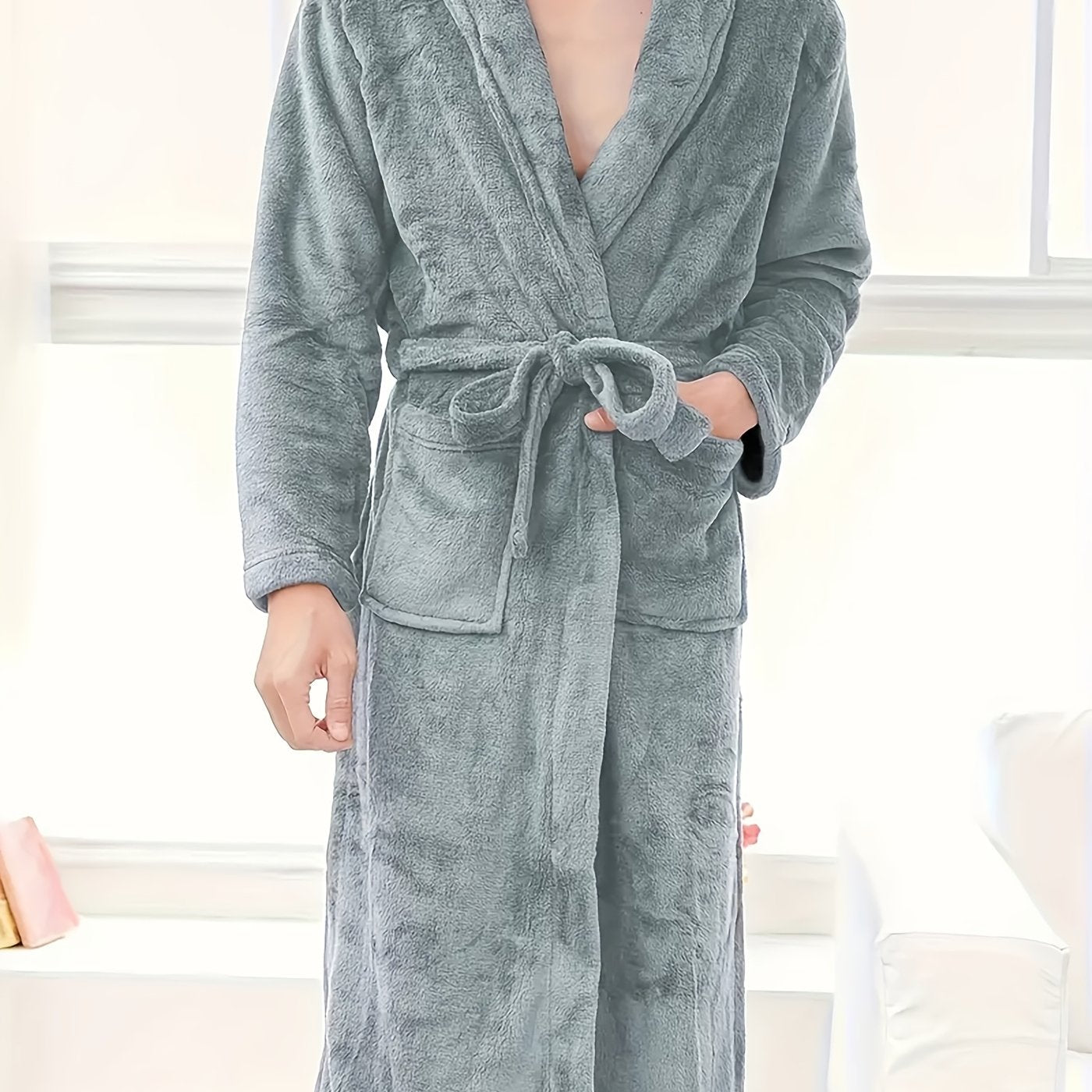 Men's Black Fleece Robe with Pockets V-Neck Lounge Wear Adjustable Waist Tie