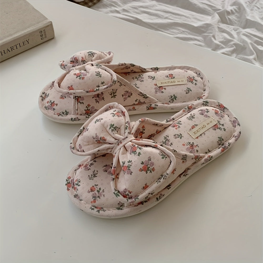 Women’s Floral Bow Slides Soft Fabric Flip Flops Non-Slip PVC Sole Indoor Outdoor