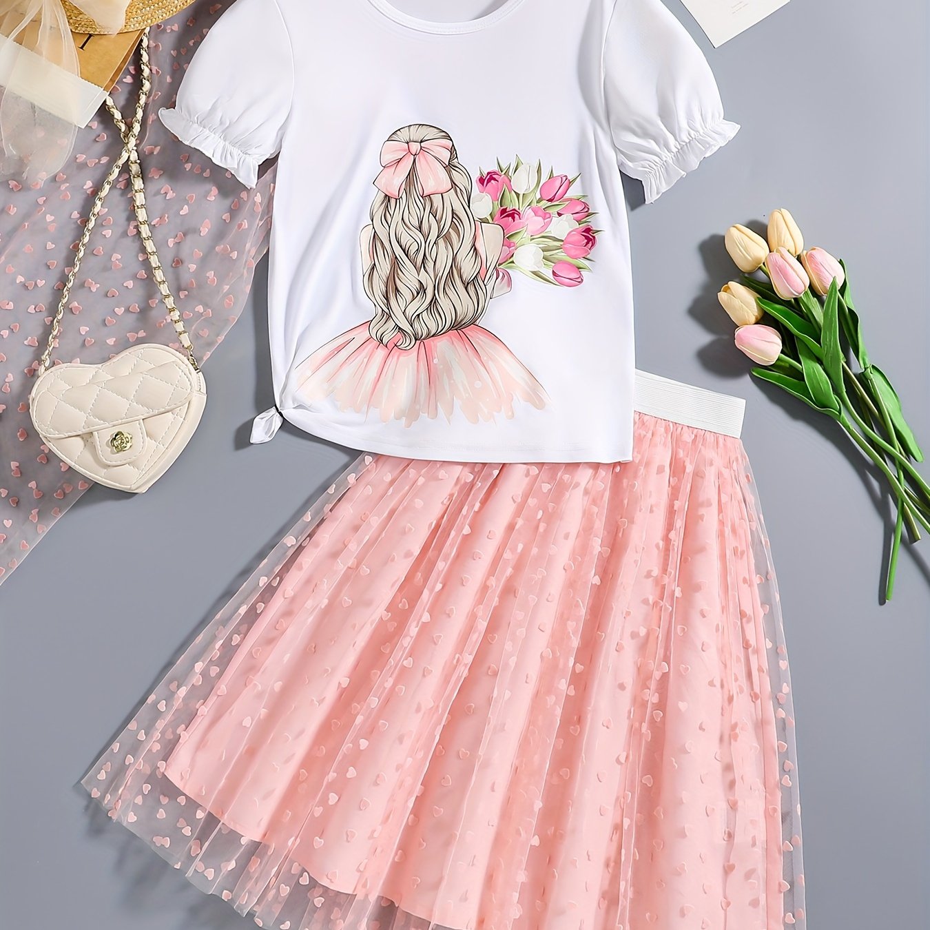 Conjunto de camiseta y falda para niñas con gráfico de dibujos animados para fiestas al aire libre en verano