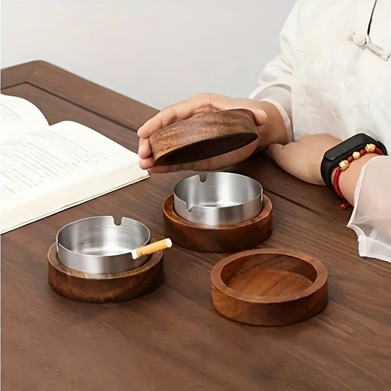 Wooden Circular Ashtray for Living Room and Office Stainless Steel Cover