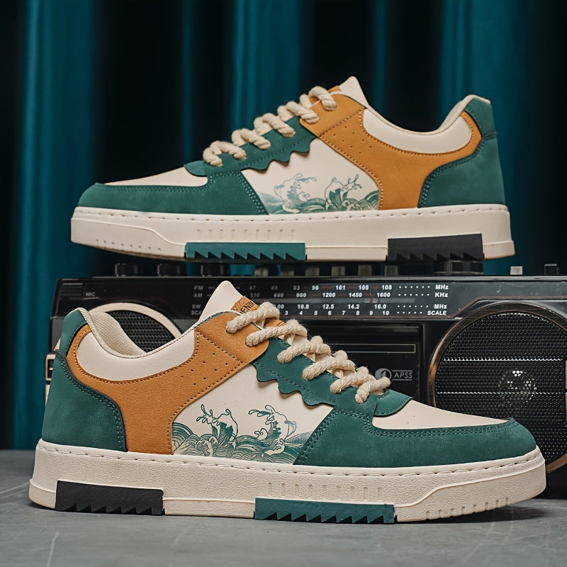 Erkaklar uchun ko'cha uslubidagi rangli blokli skeytbord poyabzallari, ochiq havoda faoliyatlar uchun anti-slip tasodifiy sport poyabzallari.