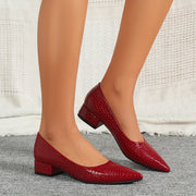 Women's Red Snakeskin Pattern Pumps with Pointed Toe and Low Block Heel