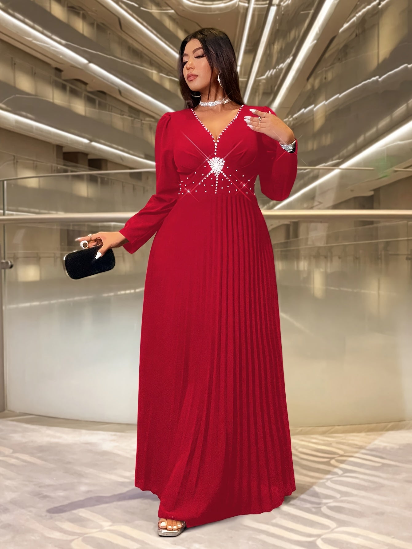 Plus Size Red Maxi Dress with V-Neck and Ruched Hem for Formal Events