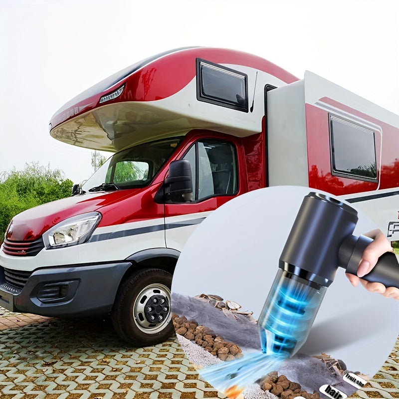 Мощный беспроводной автомобильный пылесос включает в себя две перезаряжаемые батареи по 2000 мАч, мотор мощностью 50 Вт и уровнем шума 45 дБ, сильное всасывание и аксессуары для уборки в автомобиле, доме и автодоме.