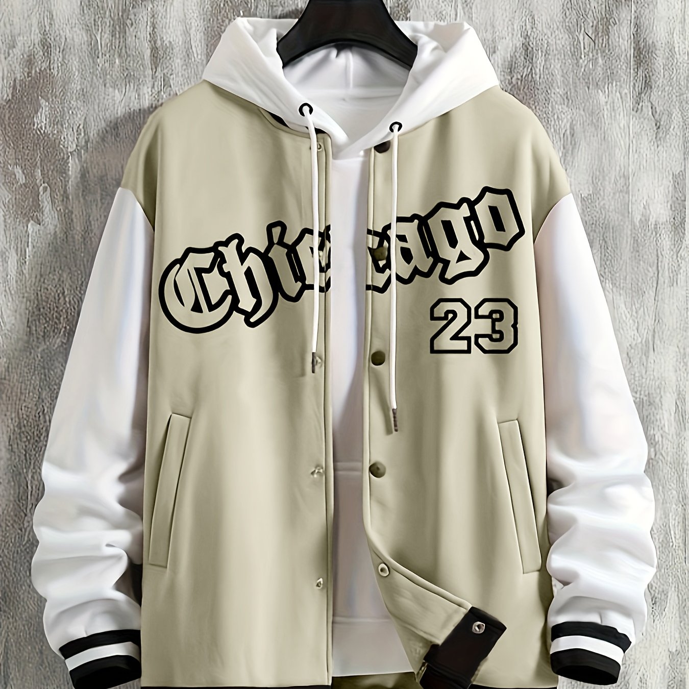 Plus Size Men Baseball Jacket with Band Collar and "CHICAGO" Print for Spring Autumn