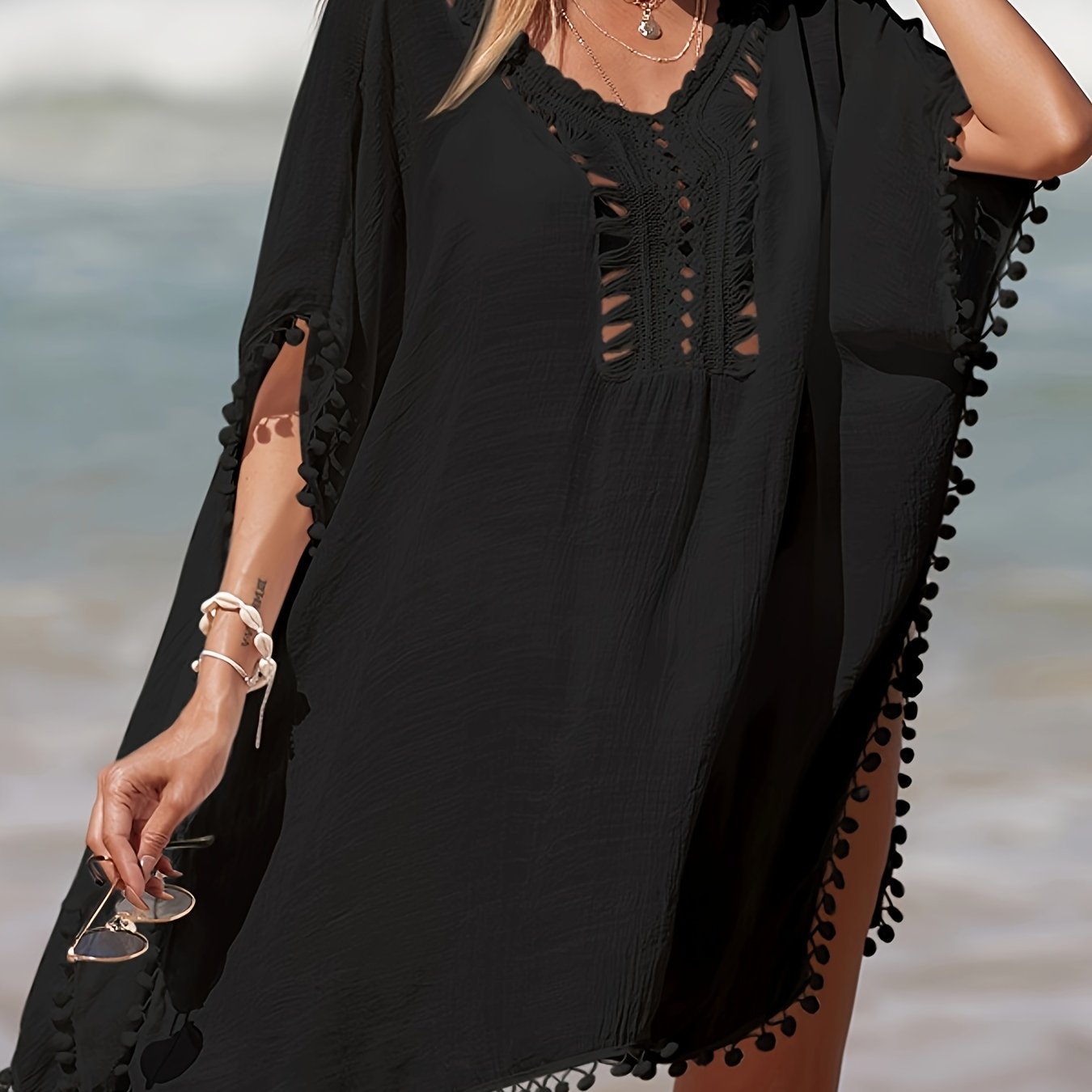 Bohemian Crochet Cover Up for Women with Batwing Sleeves and Side Split Beach Sun Protection
