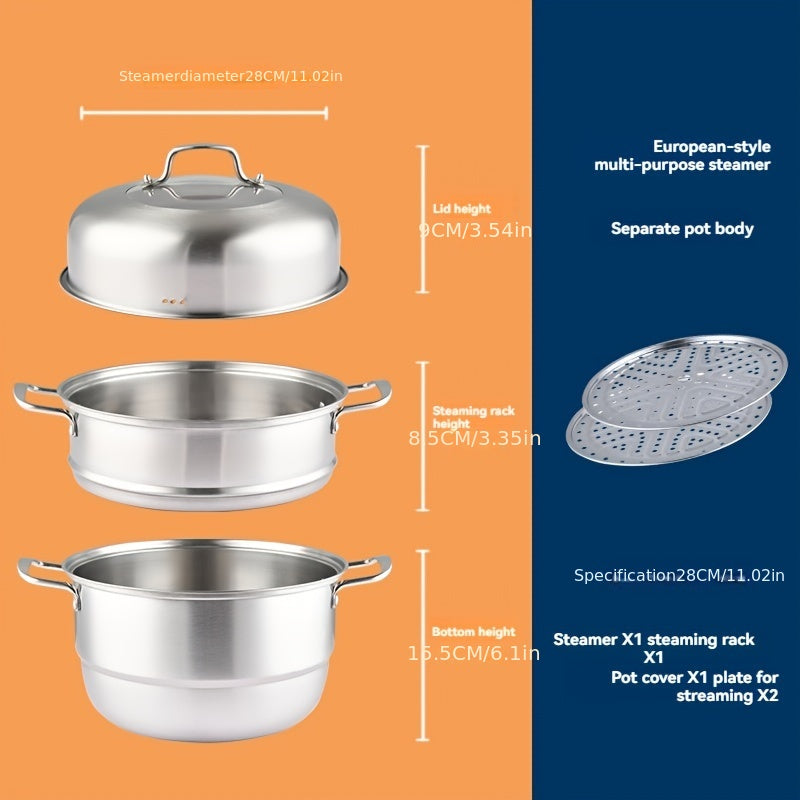 3-qavatli zanglamaydigan po'latdan yasalgan bug'langich qozon, 11 dyuym, ko'p maqsadli pishirish, sabzavotlar va manti uchun