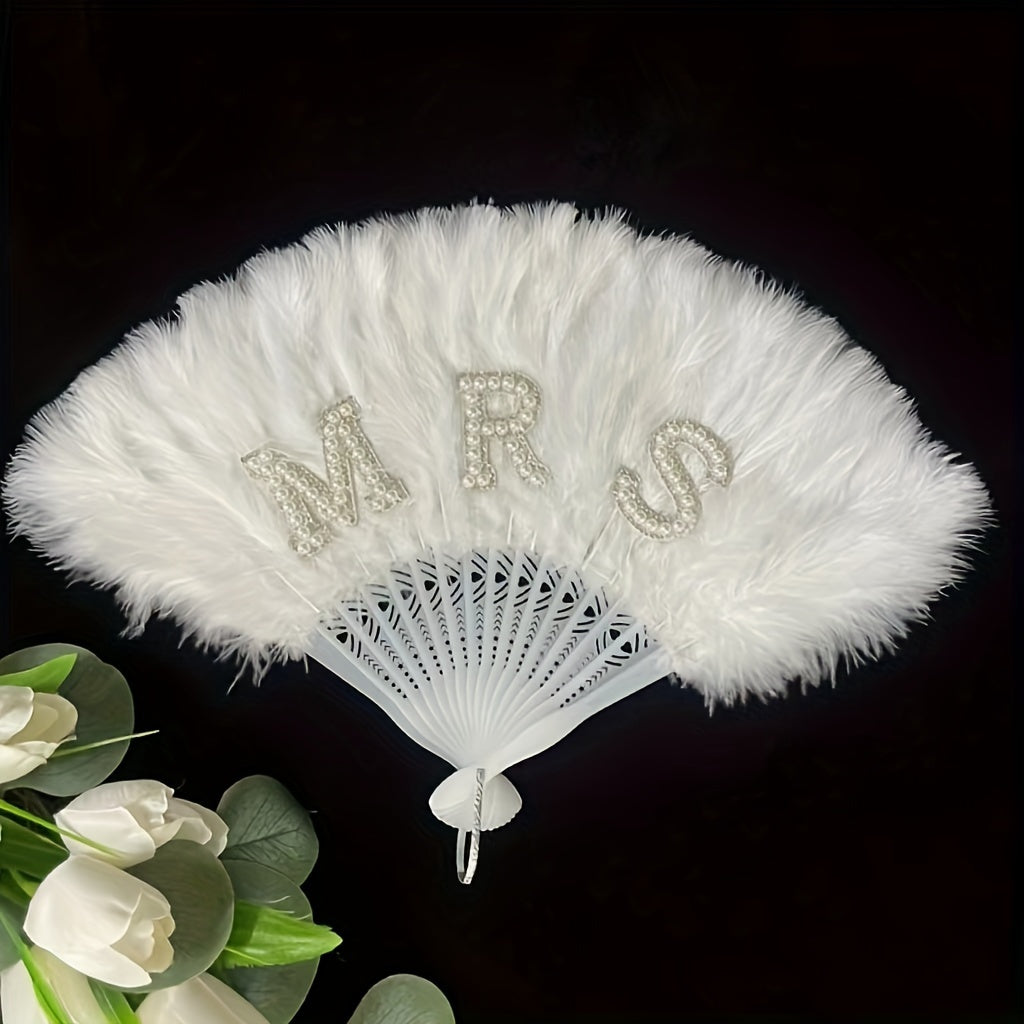 White Pearl Rhinestone Handheld Fan 13-Inch for Weddings and Bridal Events