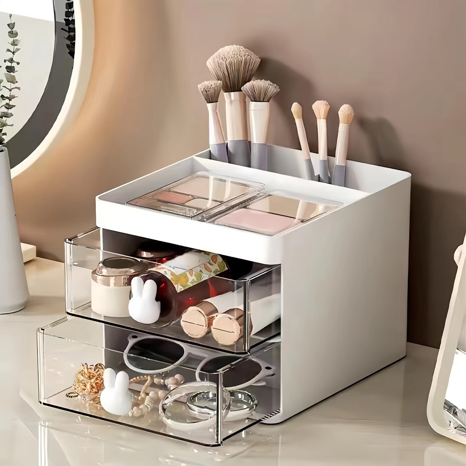 White Cosmetic Storage Box with Rabbit Handles 2-Drawer Desktop Organizer for Makeup Jewelry Office Supplies