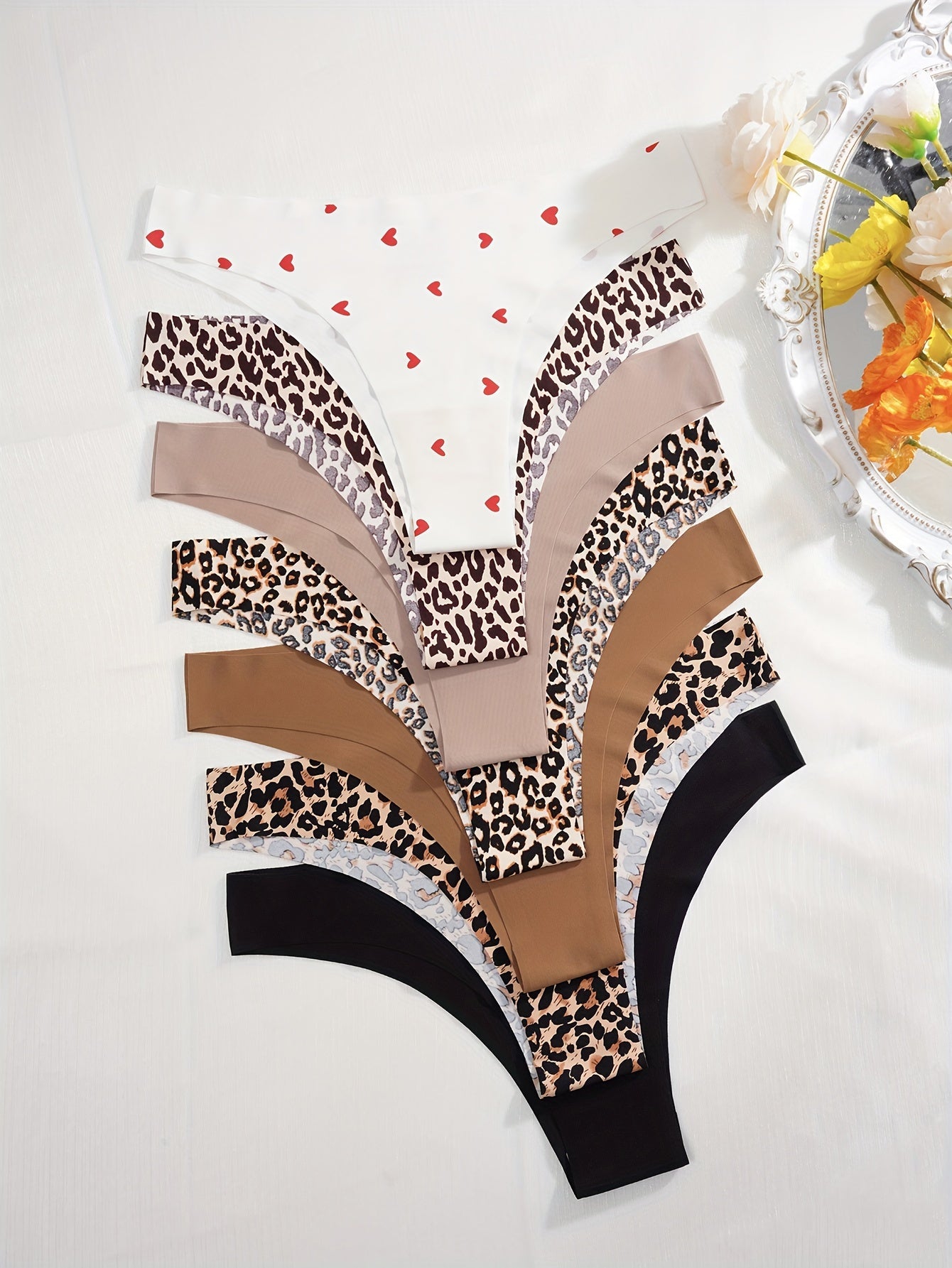 7 Piezas de bragas sin costuras con estampado de leopardo y corazones para mujer