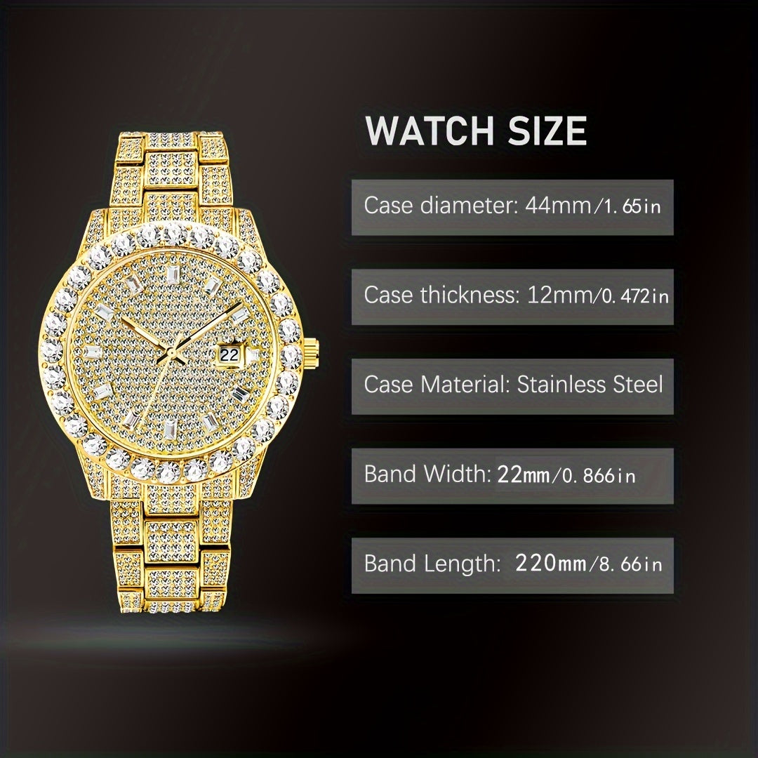 Men's Luxury Watch with Luminous Hands, Large Diamond, Quartz Movement, Alloy Case and Band