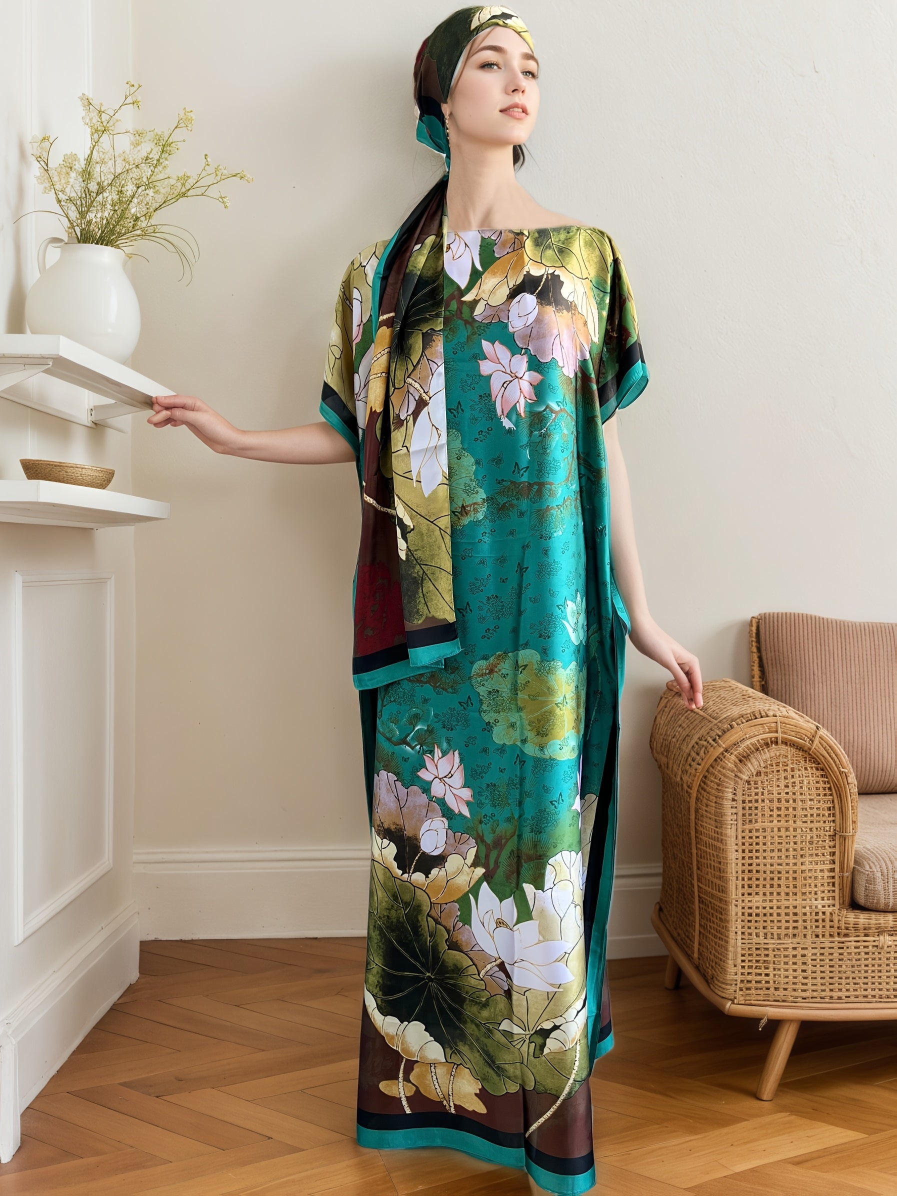 Plus Size Floral Print Maxi Dress With Scarf Loose Fit Short Sleeve All-Season