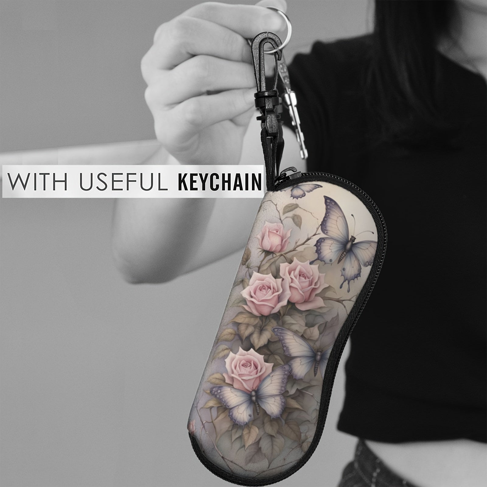 Women's Glasses Case with Flowers and Butterflies Portable Rubber Zipper Cover