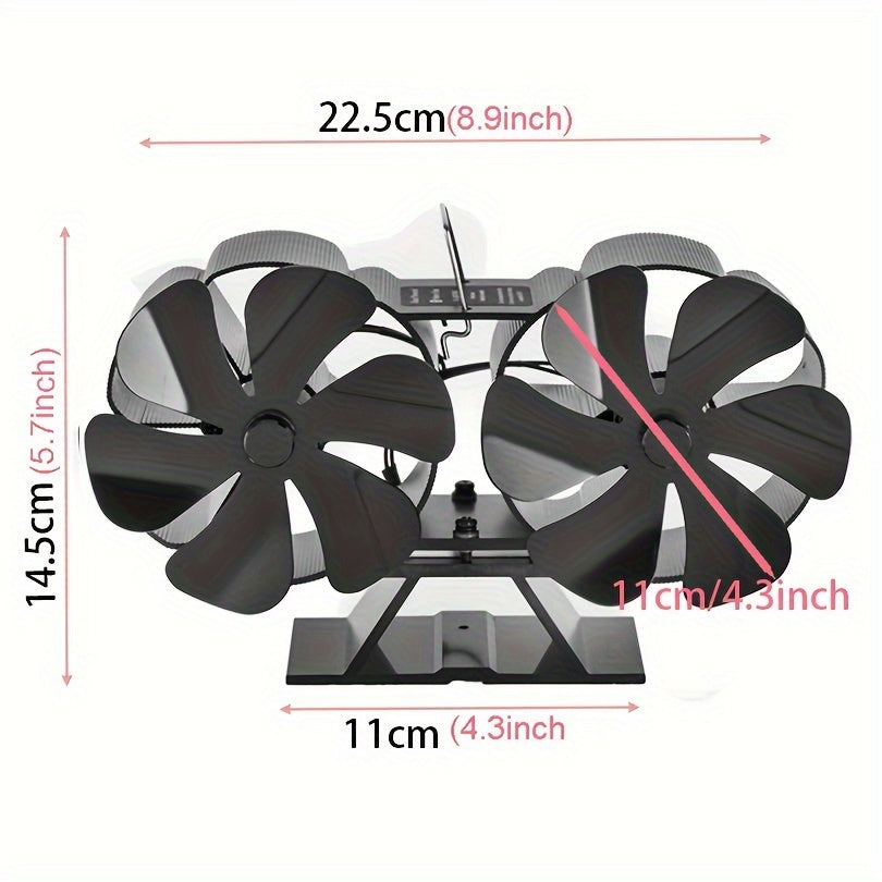 Dual-Head 12-Blade Wood Stove Fan Non-Electric Heat-Powered with Thermometer