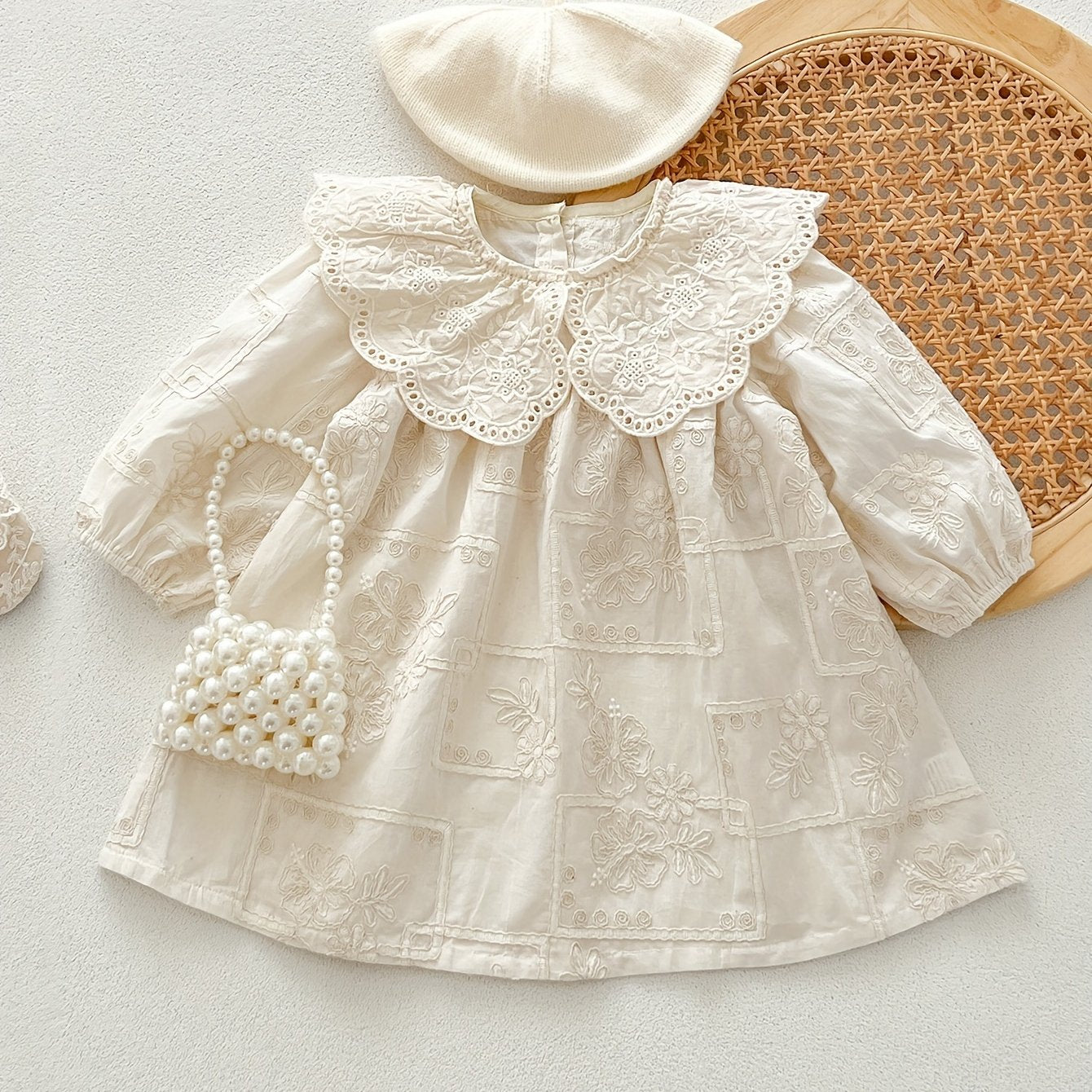 Baby Girl Dress Long Sleeve Cotton Floral Embroidery Fall Casual Midi